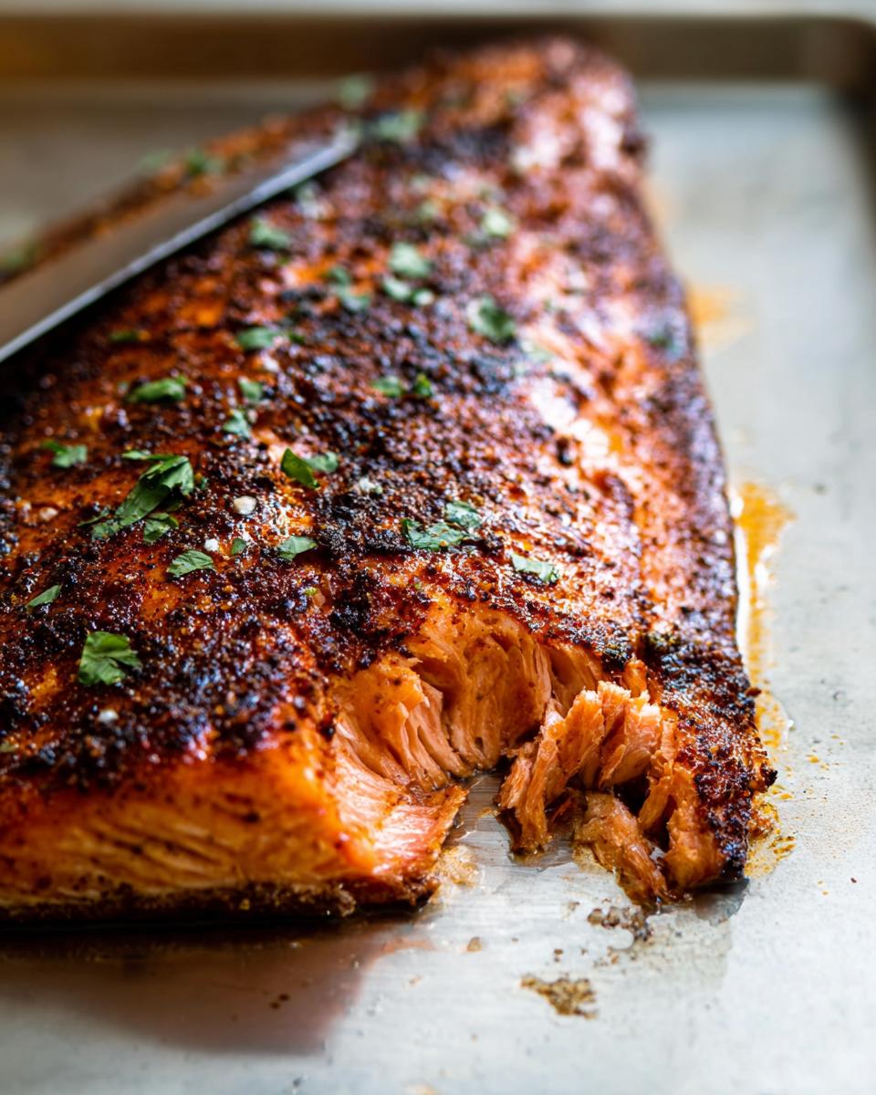 Close-up of a flaky, seasoned salmon fillet with a piece flaked off, ready to serve. Learn how to make salmon recipes like a pro.