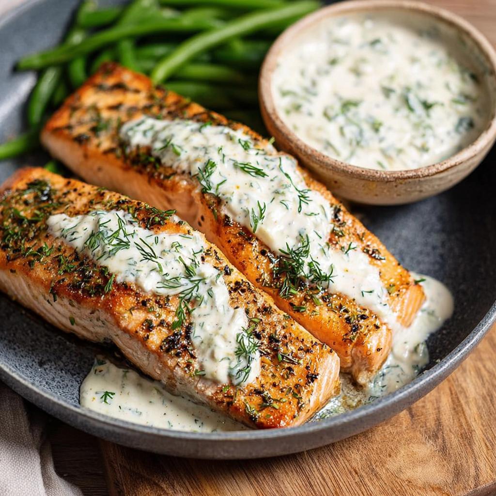 Two perfectly cooked salmon fillets topped with creamy dill sauce, served with green beans.