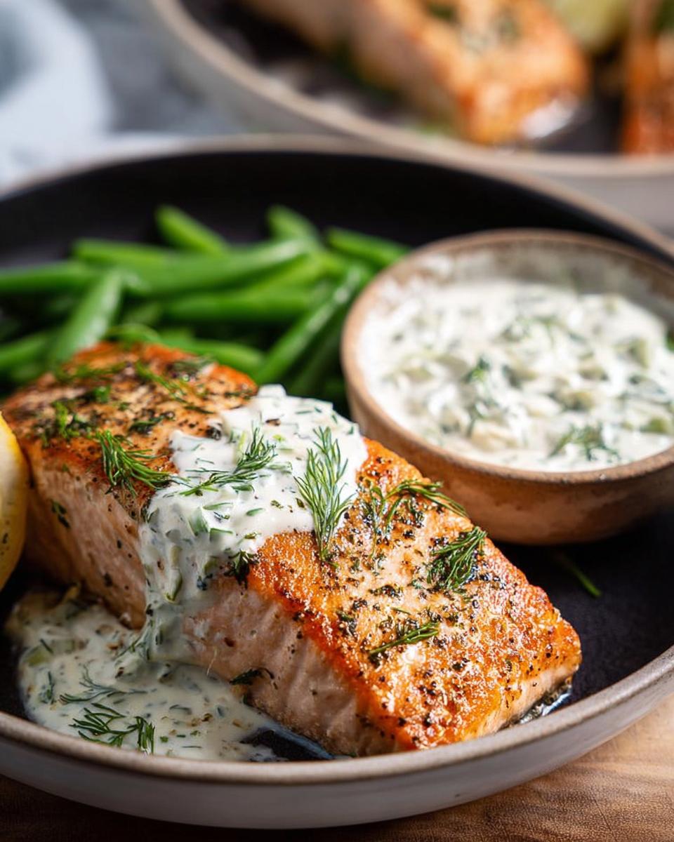 A perfectly cooked salmon fillet topped with creamy dill sauce, served with green beans and a side of sauce.