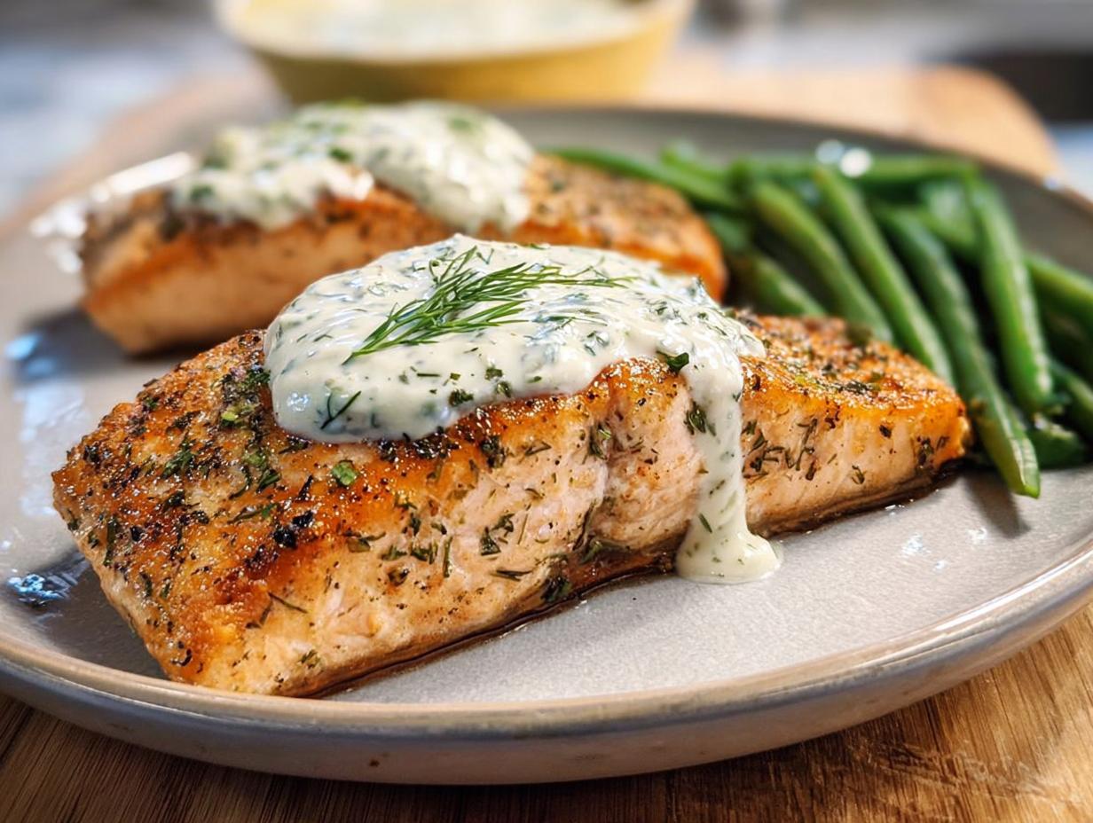 Close-up of a perfectly cooked salmon fillet topped with creamy dill sauce and fresh dill, served with green beans.