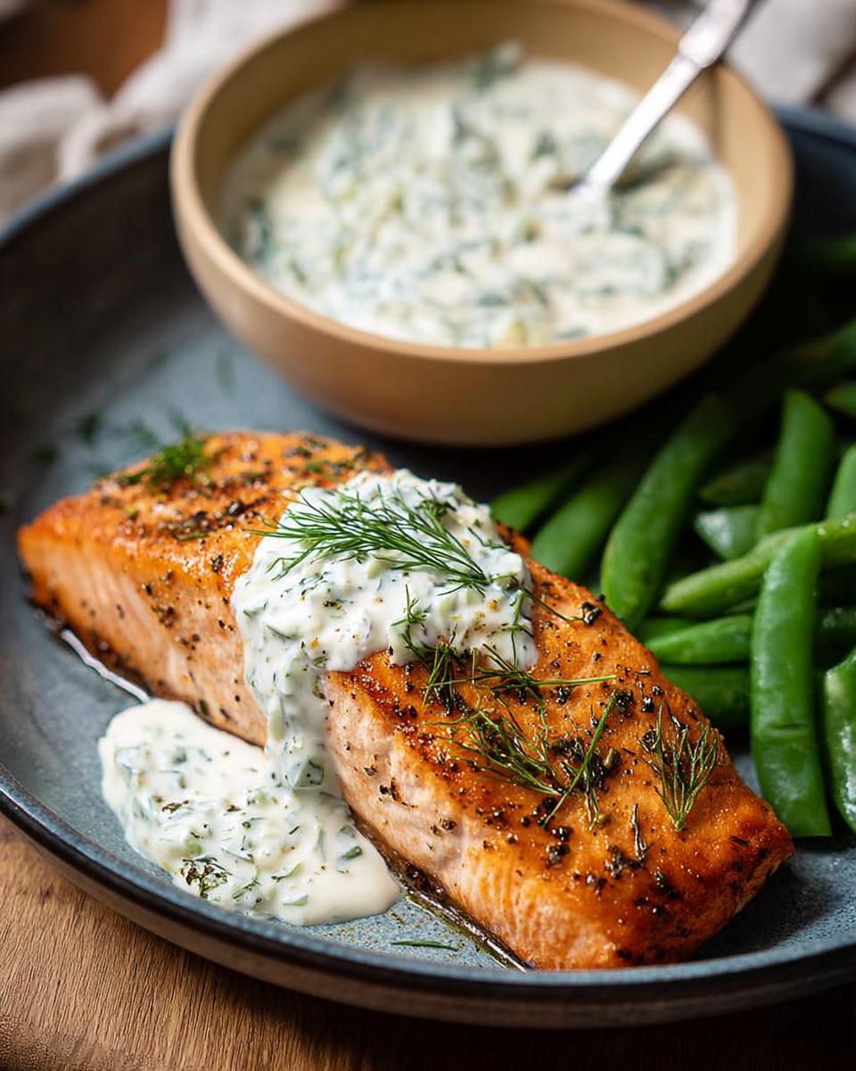 Two perfectly cooked salmon fillets topped with creamy dill sauce and fresh dill, served with snap peas.