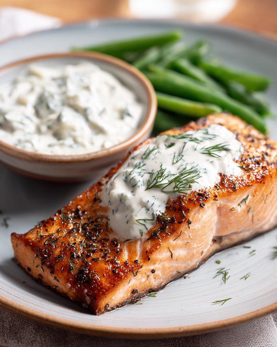 A perfectly cooked salmon fillet topped with creamy dill sauce and fresh dill, served with green beans and a side of sauce.