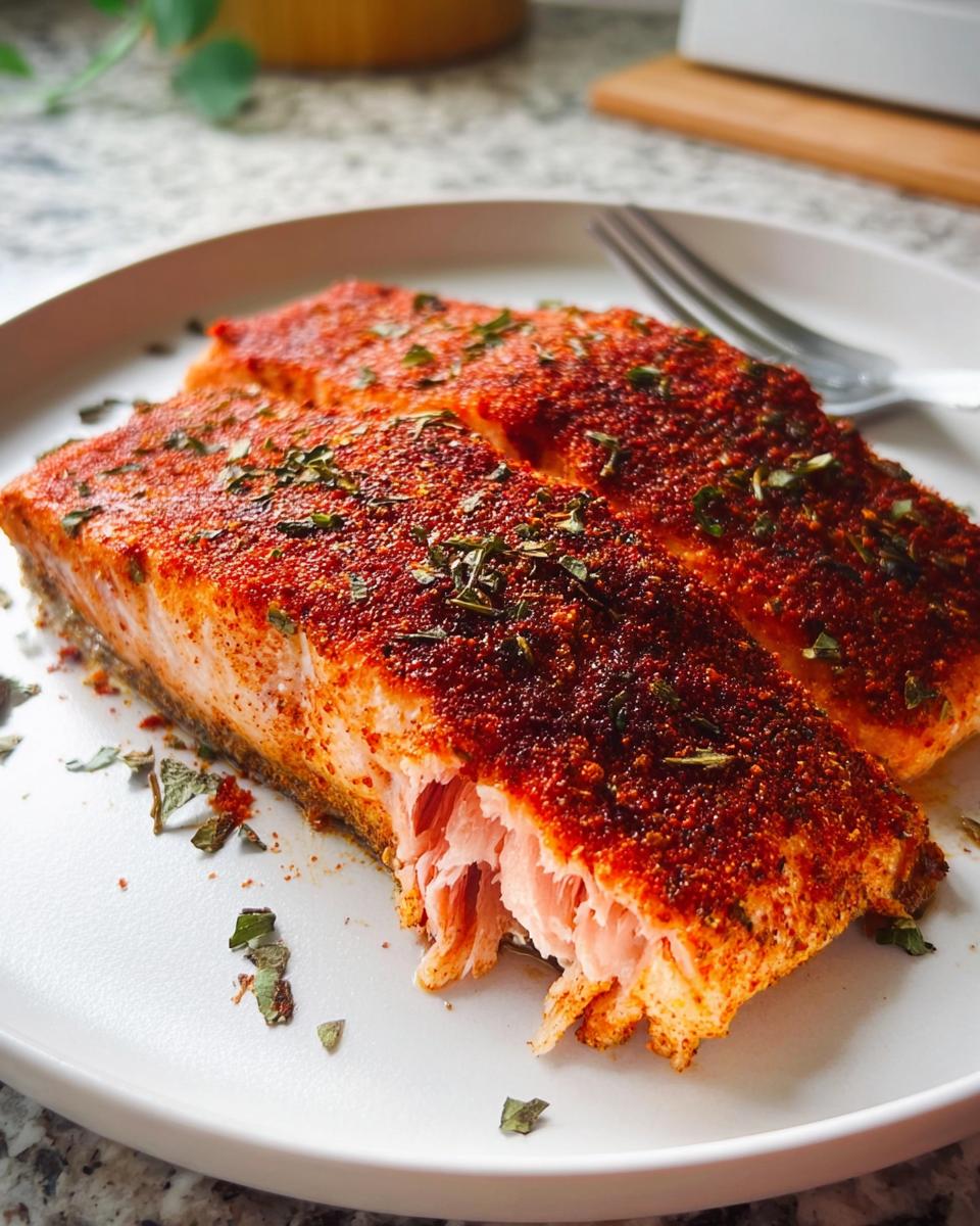 Two perfectly cooked salmon fillets seasoned with a red spice blend and herbs, ready to be enjoyed as part of a salmon recipe.