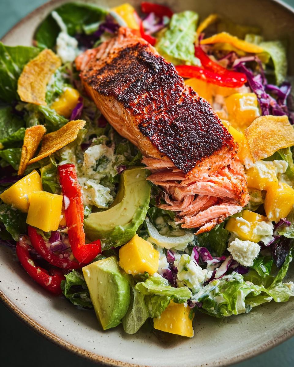 A vibrant salad topped with a perfectly cooked salmon fillet, featuring mango, avocado, bell peppers, and creamy dressing.
