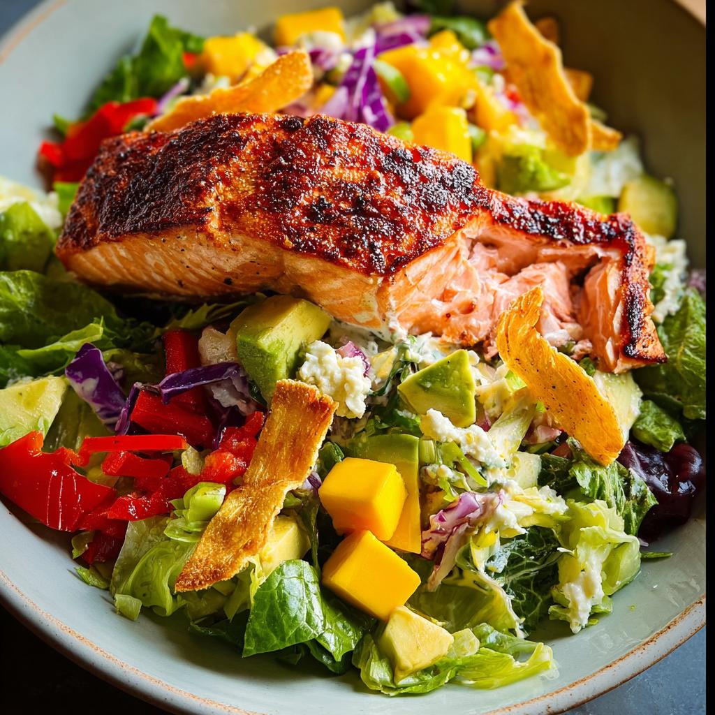 A vibrant salad featuring a perfectly cooked salmon fillet atop fresh greens, avocado, mango, and red pepper.