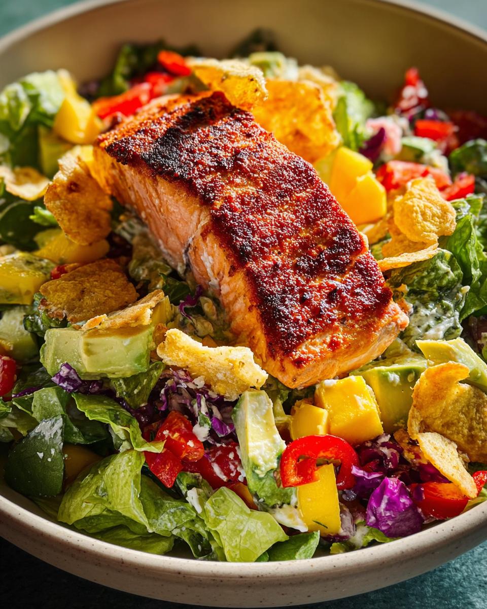 A vibrant salad featuring a perfectly cooked salmon fillet, avocado, mango, and crunchy toppings.