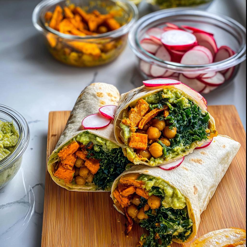 Delicious and healthy sandwich ideas meal prep burrito filled with sweet potatoes, chickpeas, kale, and avocado.