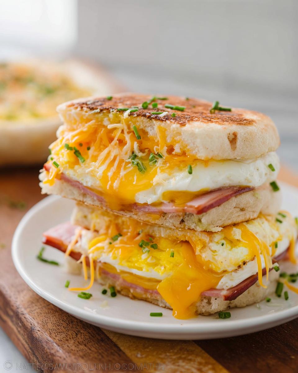 Close-up of a stacked breakfast sandwich with melted cheese, fried egg, and ham on a muffin.