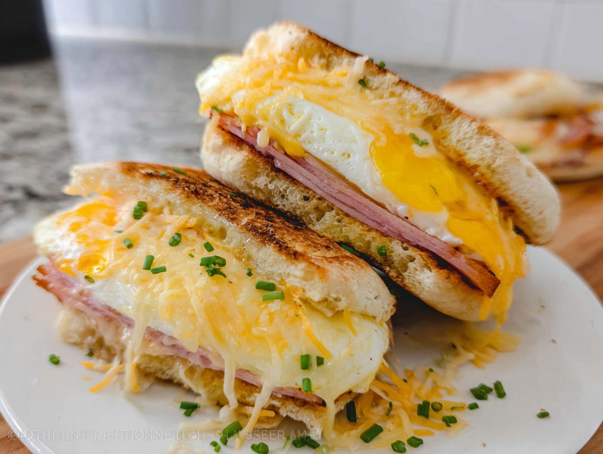 Two halves of a breakfast sandwich with fried egg, ham, melted cheese, and chives.