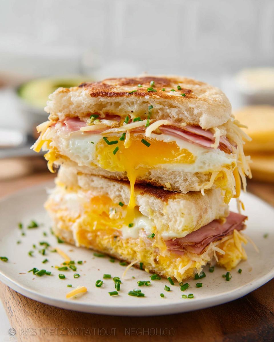 A stacked breakfast sandwich with fried egg, ham, and melted cheese, part of our Sandwich Ideas Recipes.