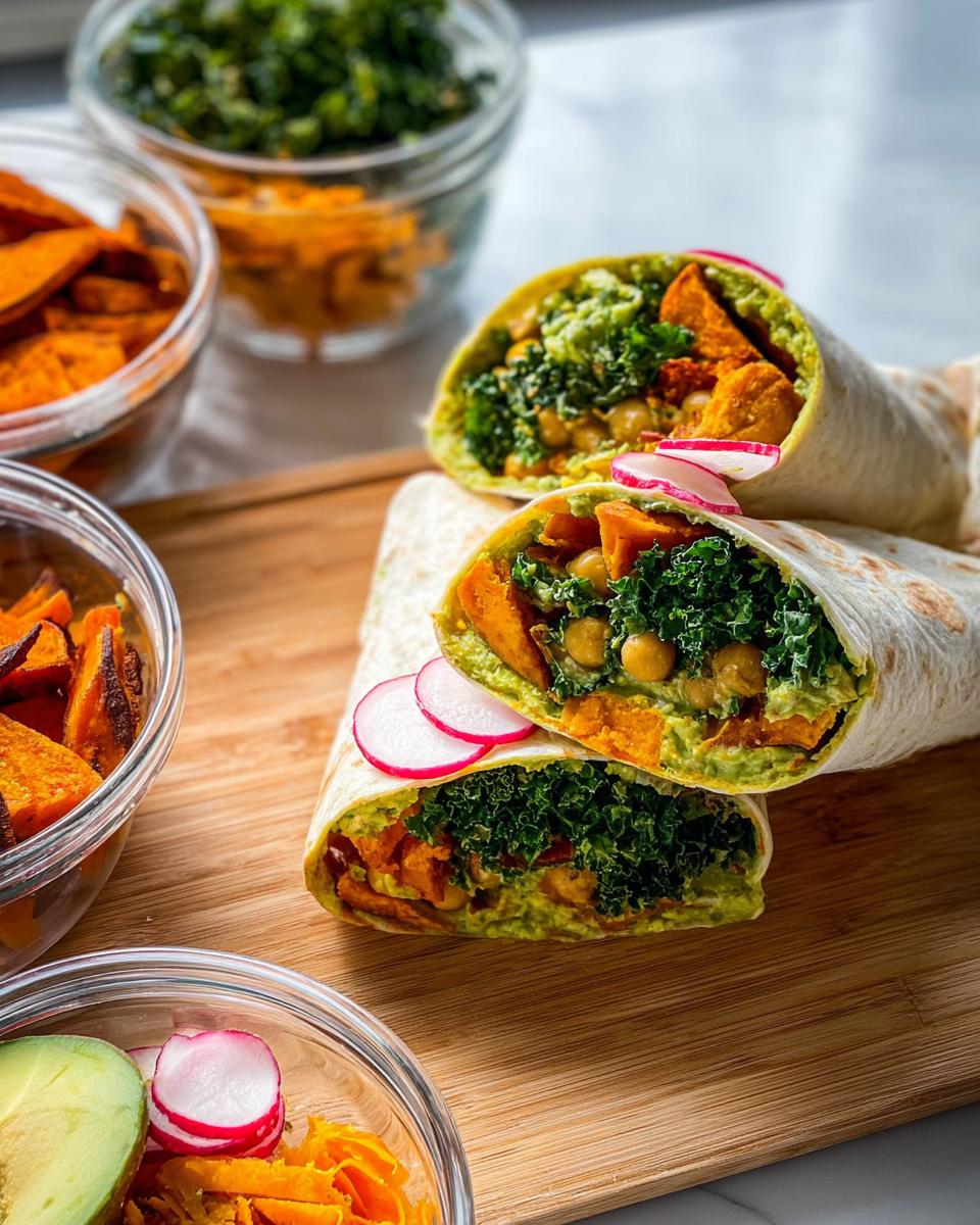 Two halves of a vibrant sweet potato wrap filled with avocado, chickpeas, kale, and radishes. Perfect for sandwich ideas recipes meal prep.