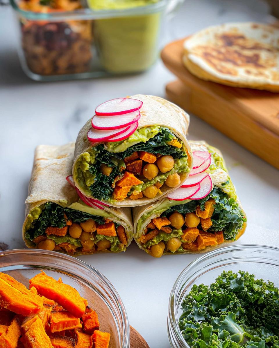 Close-up of three vegan wraps filled with chickpeas, sweet potatoes, kale, avocado, and radish slices. Perfect for sandwich ideas recipes meal prep.