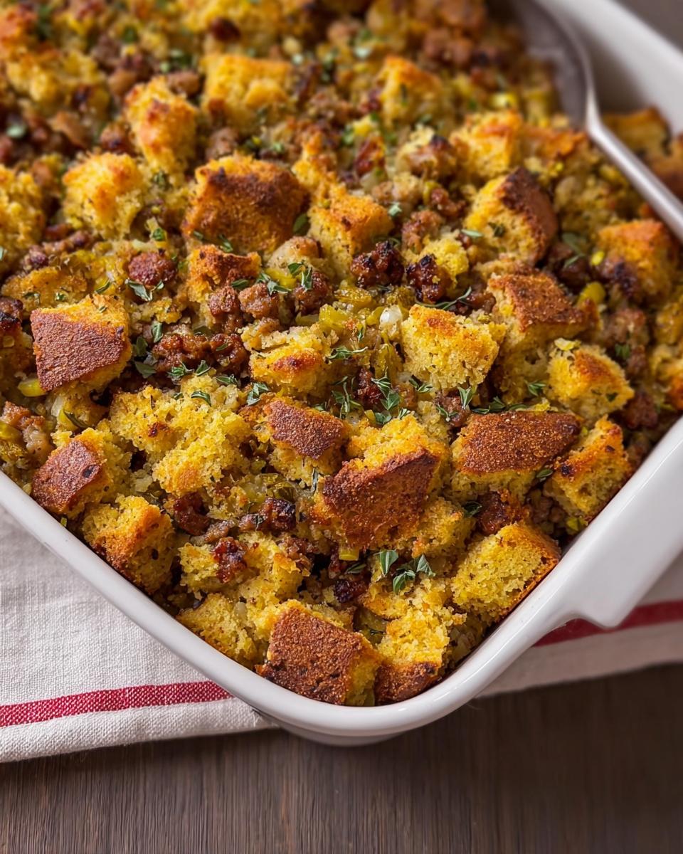A close-up of a white baking dish filled with delicious sausage and cornbread stuffing, a perfect weeknight stuffing recipe.