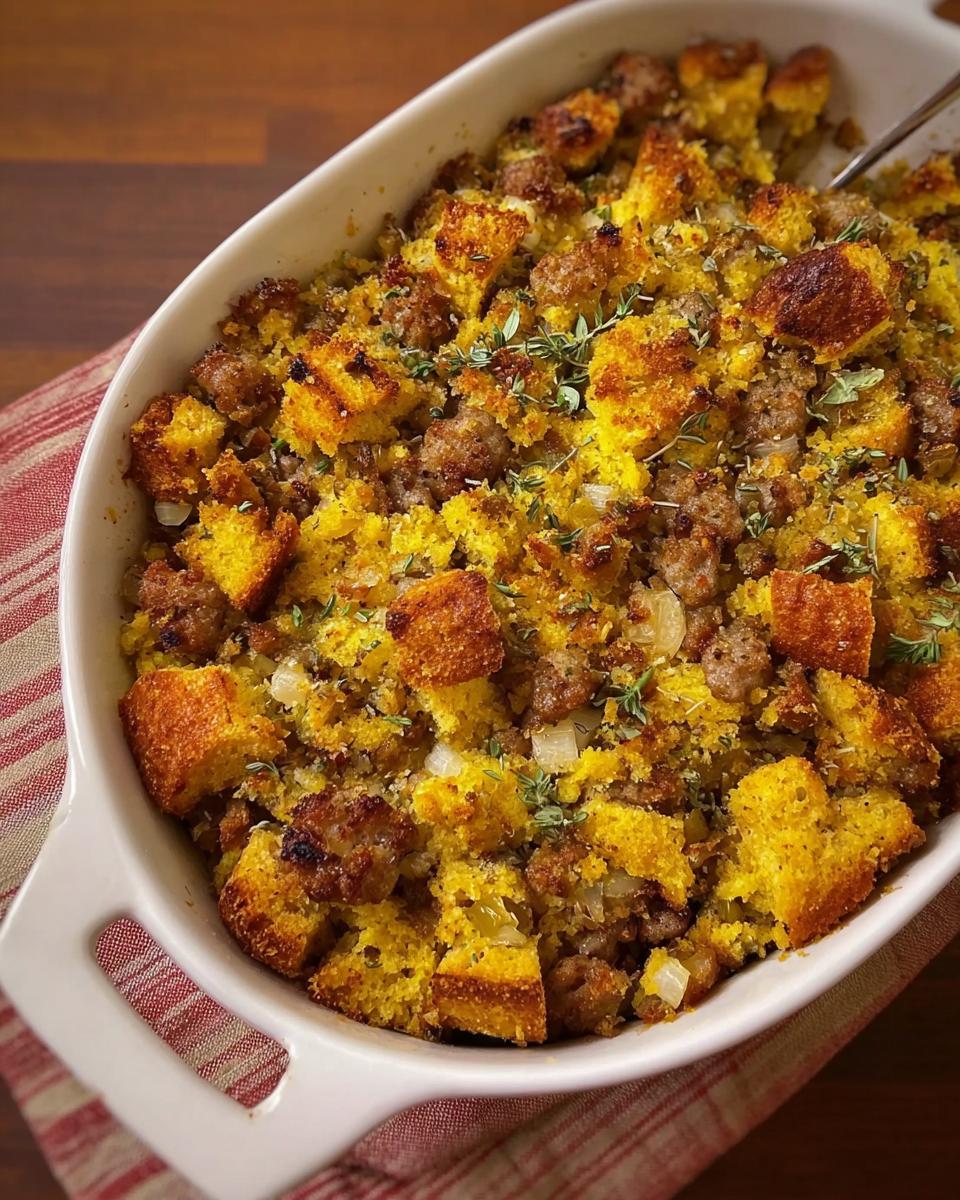 A close-up view of a white baking dish filled with sausage cornbread stuffing, garnished with fresh herbs.
