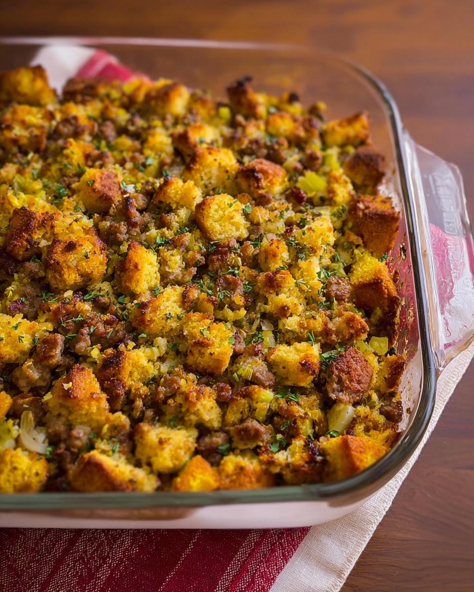 A close-up of a baked sausage cornbread stuffing in a glass baking dish, sprinkled with parsley.