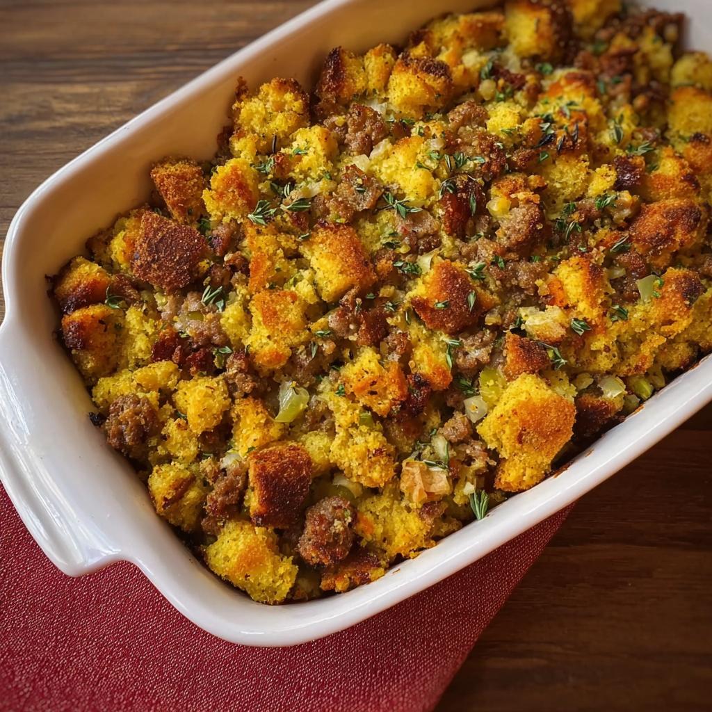 A close-up of a white baking dish filled with golden cornbread stuffing with crumbled sausage and herbs.