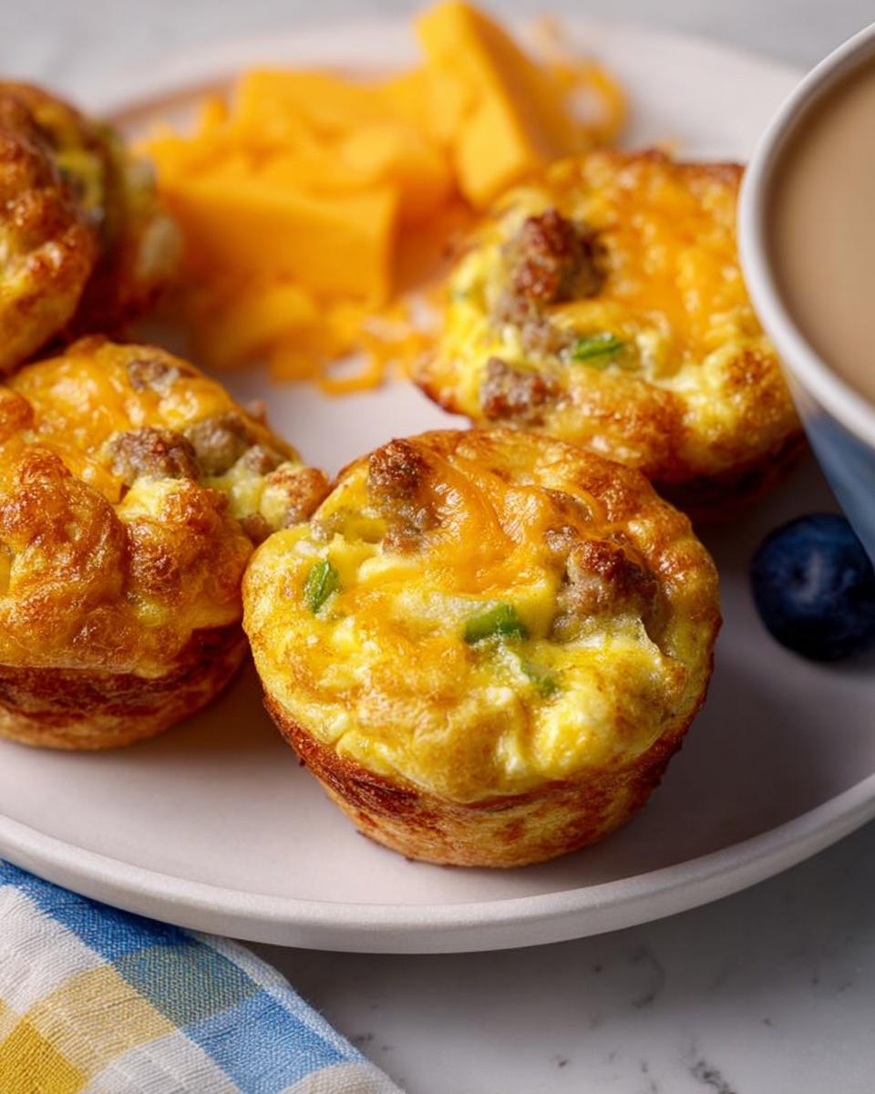 Close-up of sausage and egg muffins topped with melted cheese, served with shredded cheese and a blueberry.