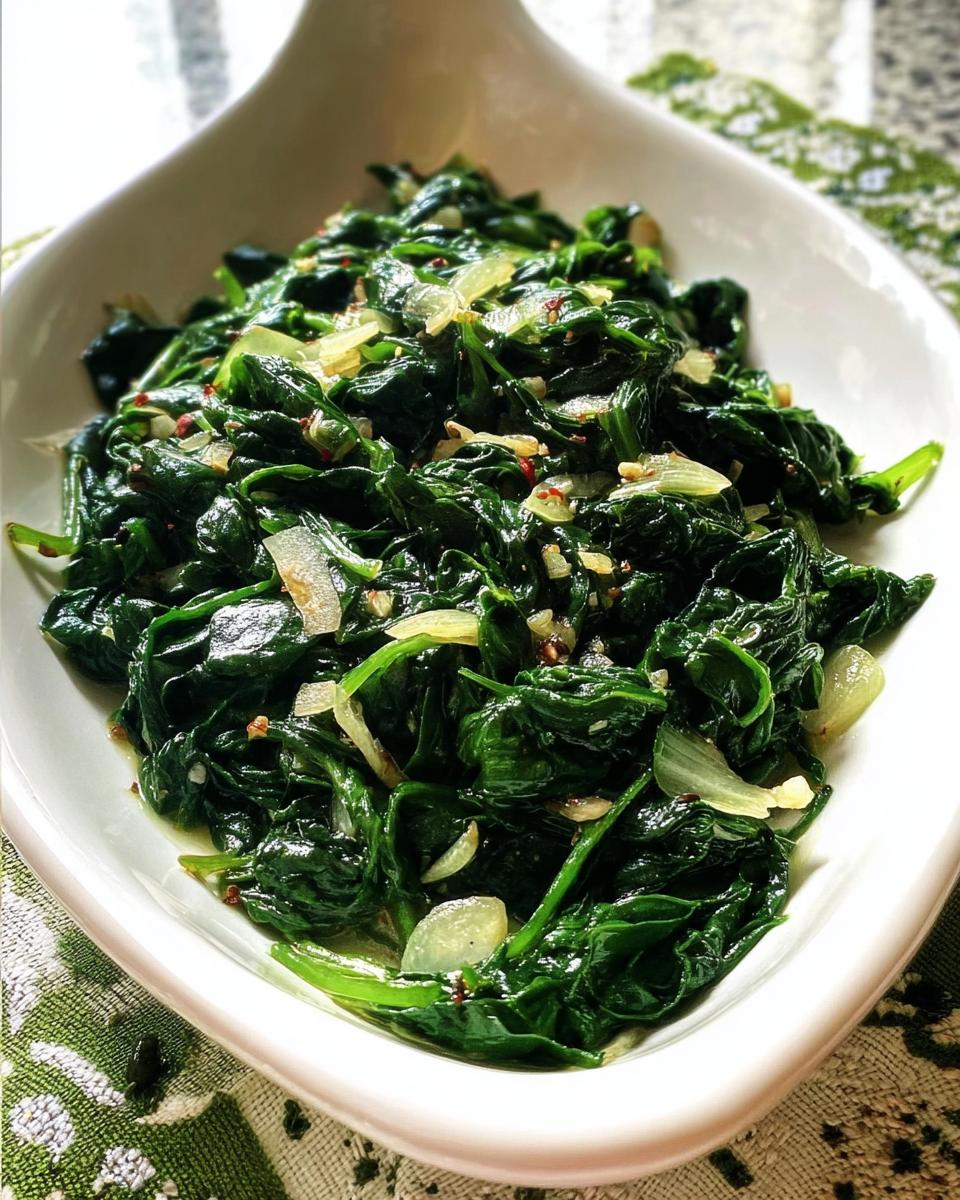 Close-up of sautéed spinach with onions and garlic, a simple and delicious side dish from our 20-Ingredient Veggie Sides Recipes.