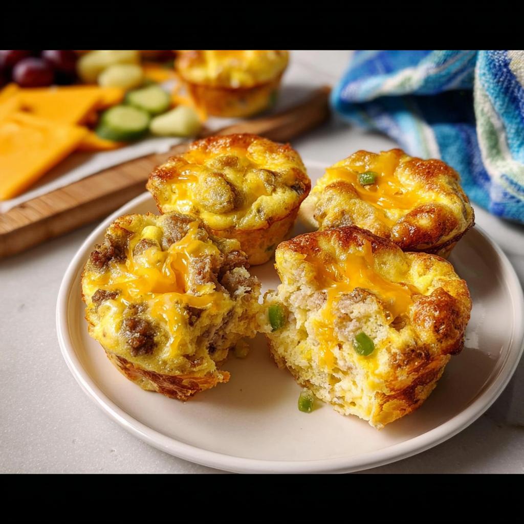 Close-up of savory egg muffins filled with sausage, cheese, and peppers, part of 20-Ingredient Breakfast Ideas.