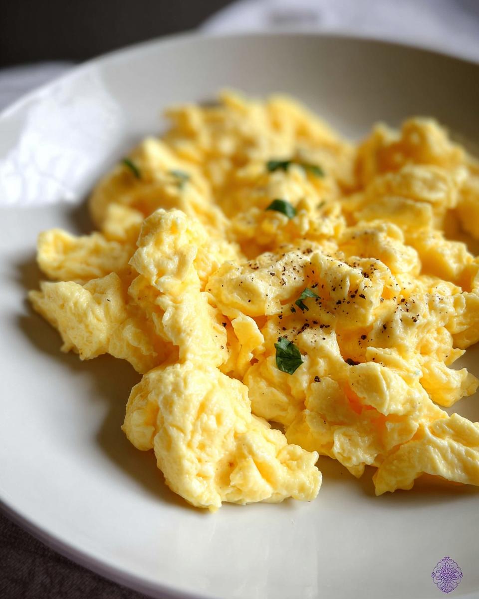 Close-up of fluffy scrambled eggs seasoned with black pepper and garnished with fresh parsley, part of an article on how to make egg recipes.