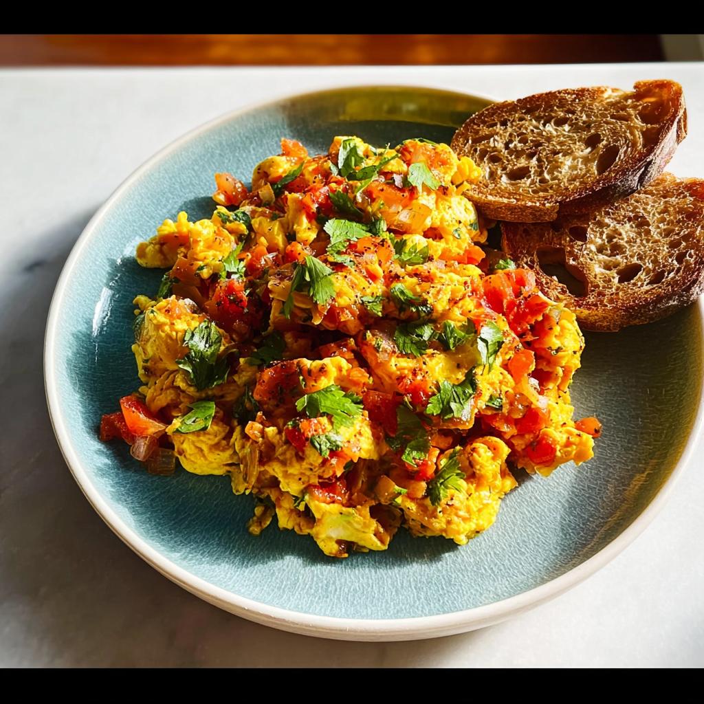 Scrambled eggs with diced tomatoes and fresh parsley, served with toasted bread. A quick egg recipe.