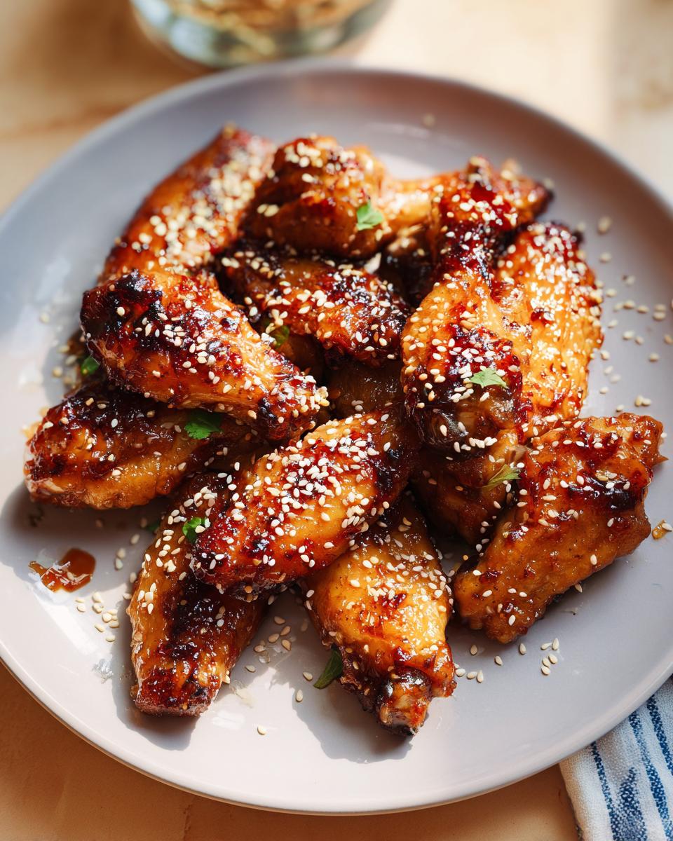 A plate of delicious sesame glazed chicken wings, perfect for meal prep, sprinkled with sesame seeds.