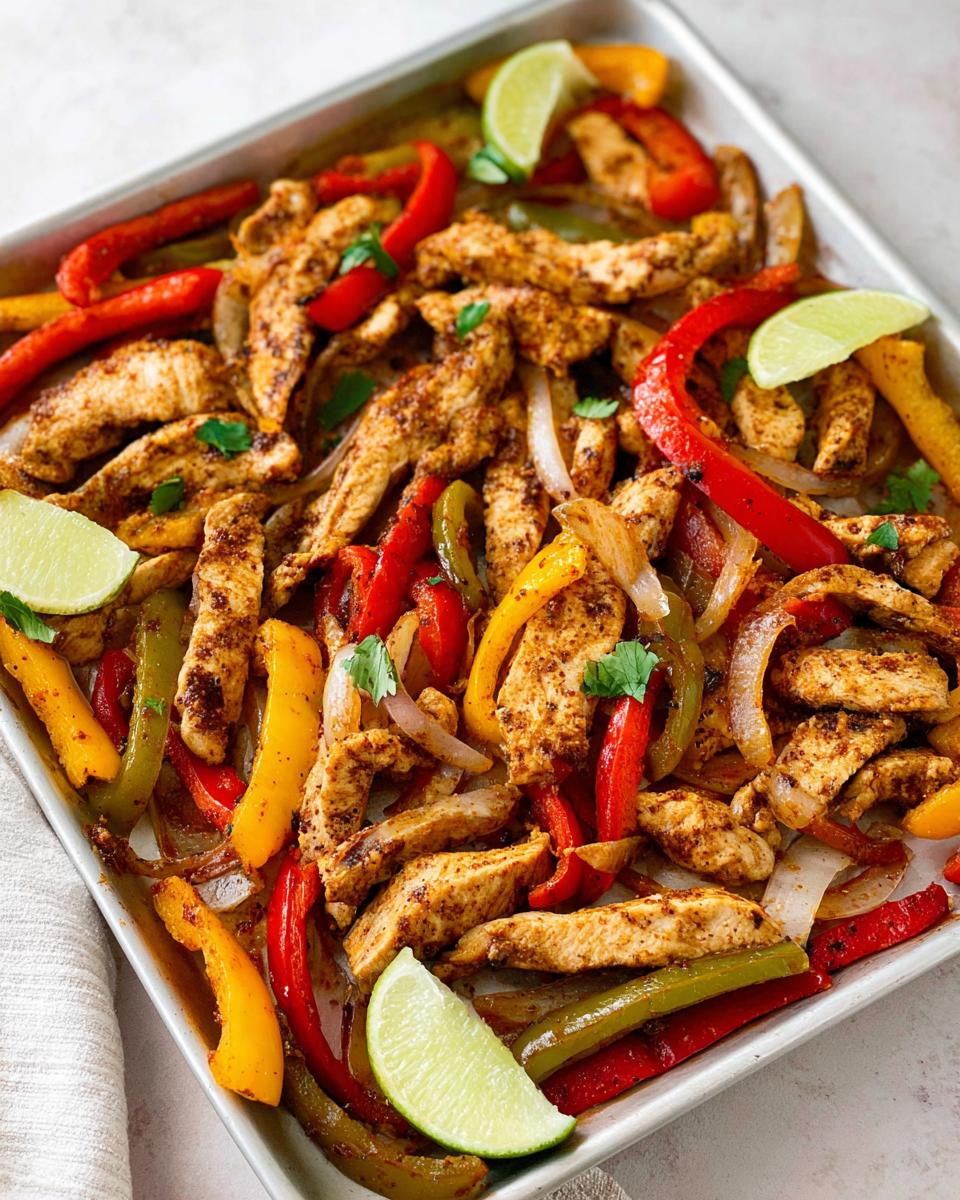 A close-up of colorful sheet pan chicken fajitas with sliced bell peppers, onions, and lime wedges.