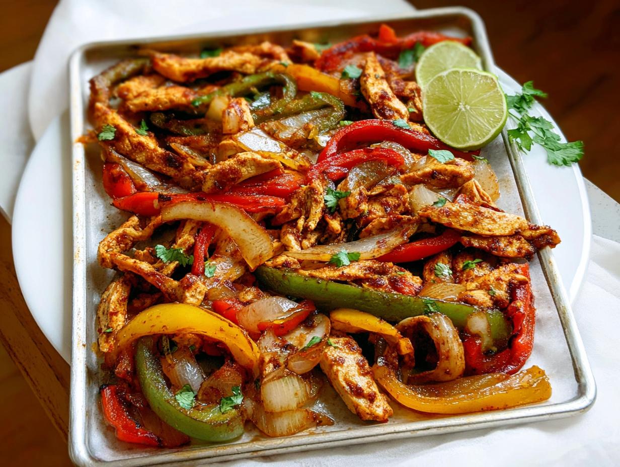 A colorful sheet pan filled with seasoned chicken strips, bell peppers, and onions, garnished with lime slices and cilantro. A perfect example of genius chicken recipes for busy weeknights.