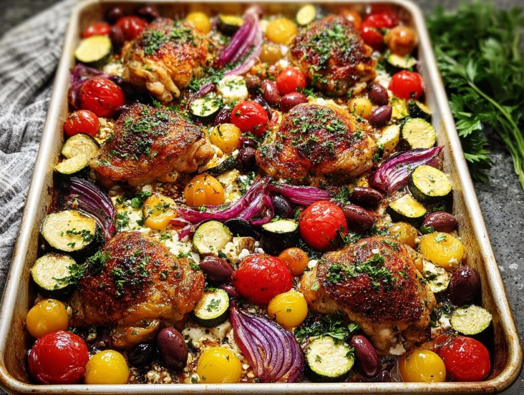 A colorful sheet pan meal with roasted chicken thighs, cherry tomatoes, zucchini, red onion, and olives.