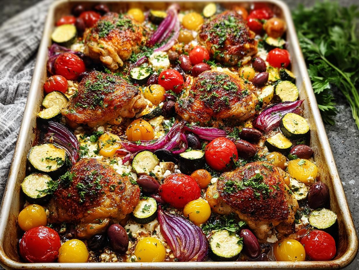 A colorful sheet pan meal with roasted chicken thighs, cherry tomatoes, zucchini, red onion, and olives.