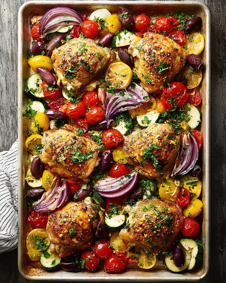 A full sheet pan of roasted chicken thighs with colorful vegetables including cherry tomatoes, zucchini, red onion, olives, and lemon.