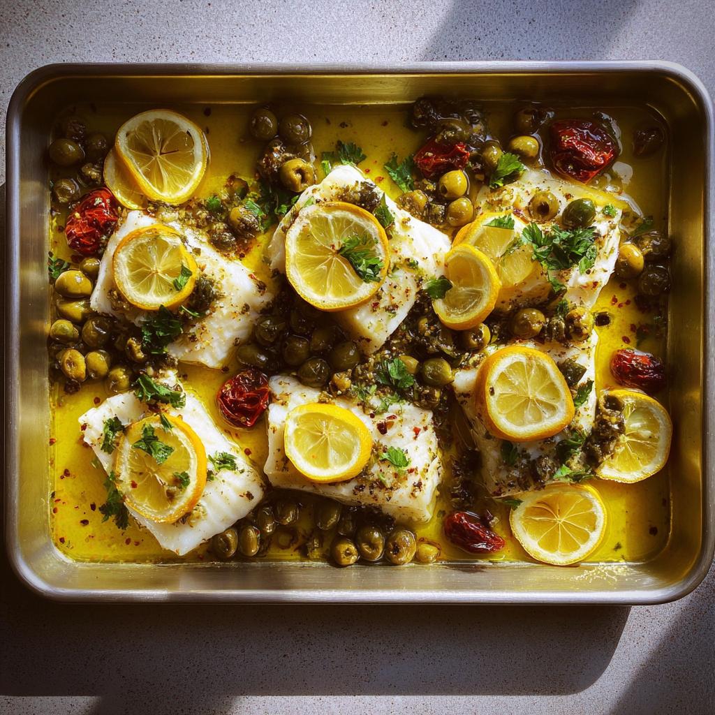 Sheet pan of baked white fish fillets topped with lemon slices, olives, capers, and herbs.