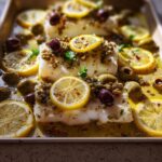 Sheet pan of baked white fish with lemon slices, olives, and herbs, part of 7 Genius Veggie Sides Recipes Ideas for Busy Weeknights.