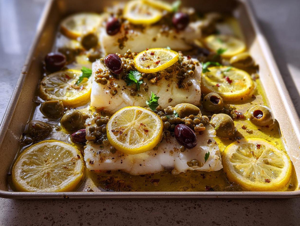 Sheet pan of baked white fish with lemon slices, olives, and herbs, part of 7 Genius Veggie Sides Recipes Ideas for Busy Weeknights.