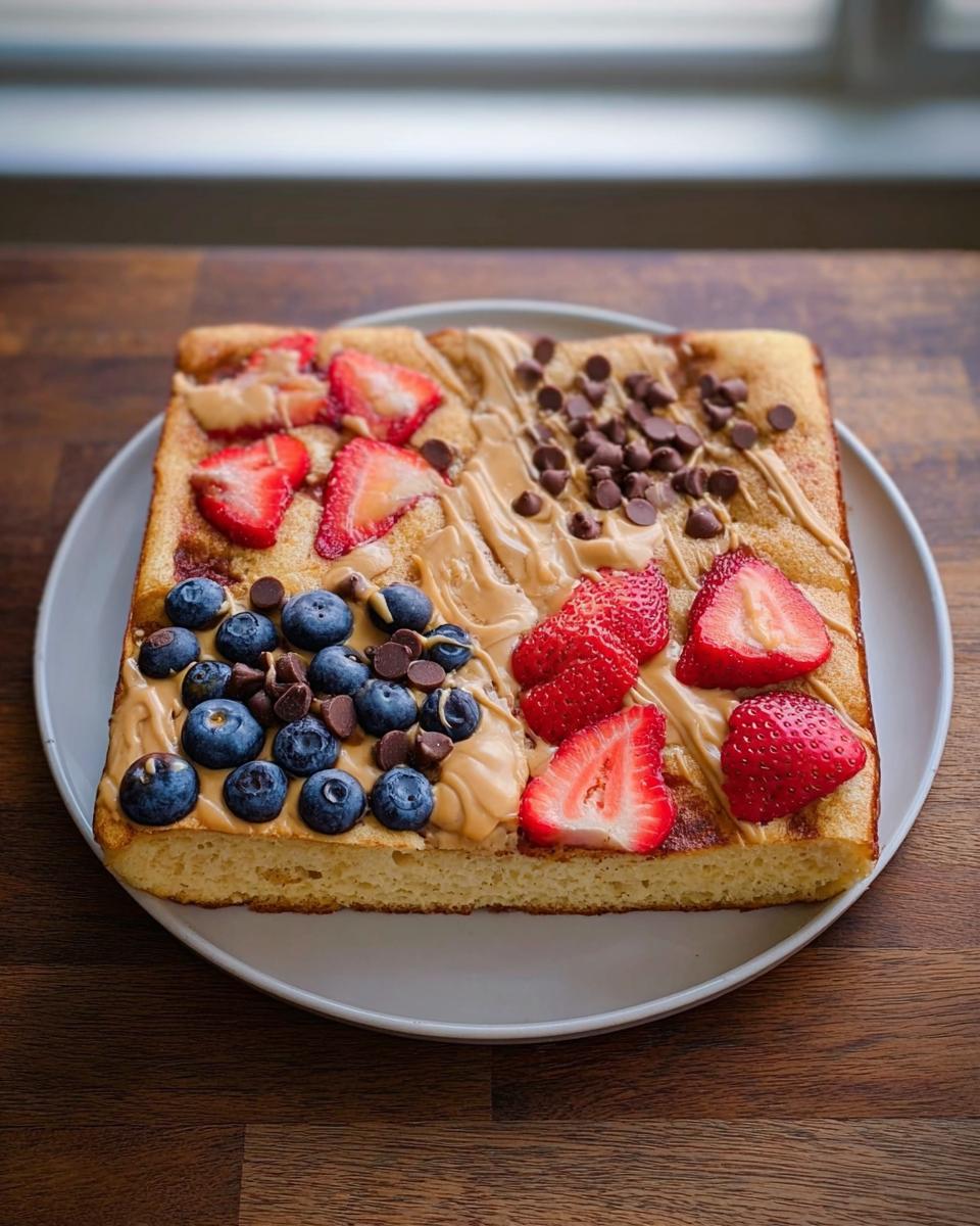 A square sheet pan pancake topped with peanut butter, strawberries, blueberries, and chocolate chips. A great 10-ingredient breakfast idea.