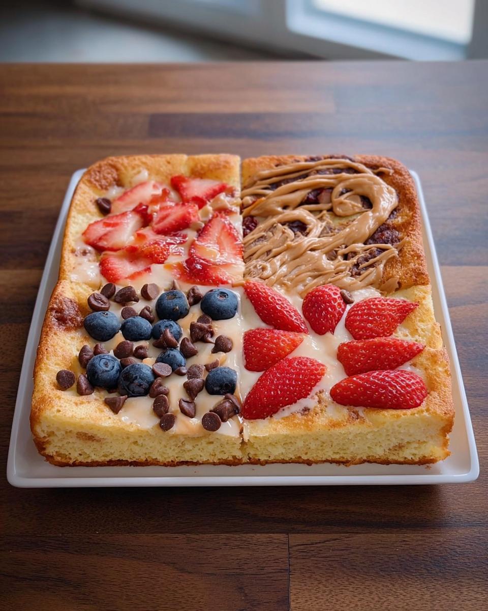 A square sheet pan pancake divided into four sections, topped with strawberries, blueberries, chocolate chips, and peanut butter drizzle. A perfect 10-ingredient breakfast idea.