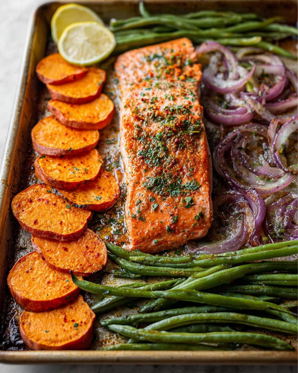 A delicious sheet pan meal prep featuring a salmon fillet, roasted sweet potato slices, green beans, red onion, and lemon wedges.