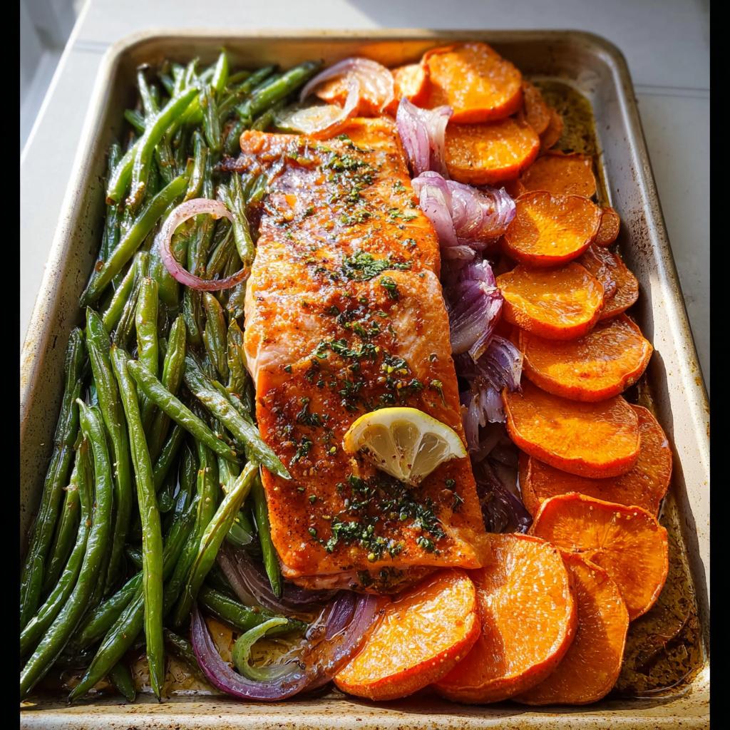 A delicious sheet pan meal prep featuring a salmon fillet, sliced sweet potatoes, red onions, and green beans, seasoned and baked to perfection.