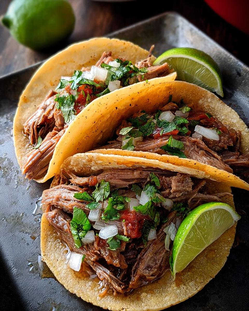 Close-up of two shredded beef tacos, topped with diced onions, cilantro, and salsa, served with lime wedges for Taco Tuesday.