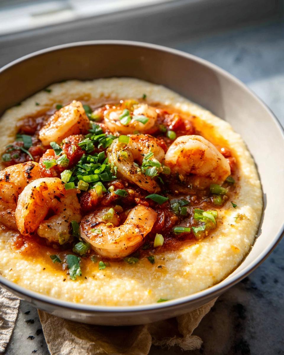 A close-up of shrimp and grits, featuring plump shrimp in a savory sauce over creamy grits, garnished with chopped green onions.