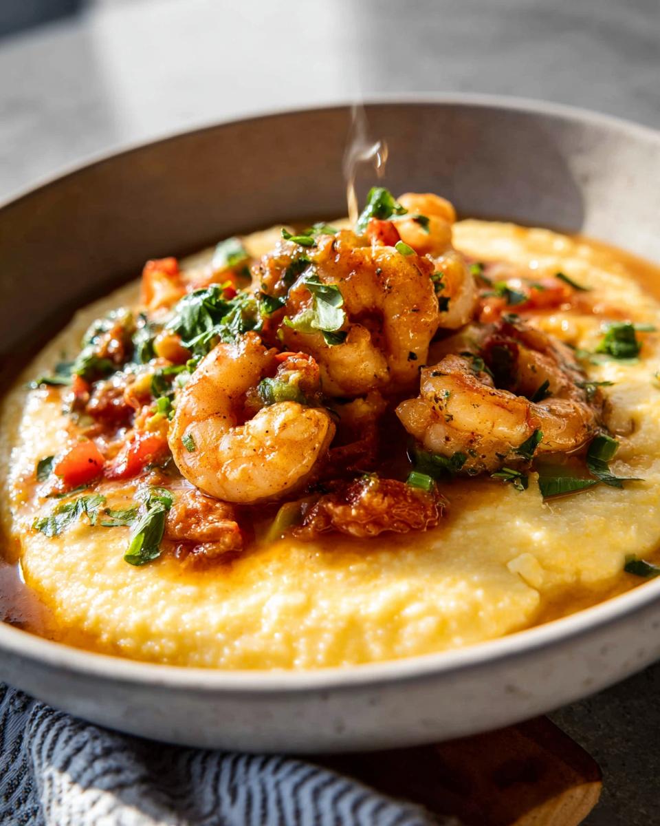 Close-up of shrimp and grits, featuring plump shrimp in a savory sauce over creamy grits, garnished with fresh herbs.