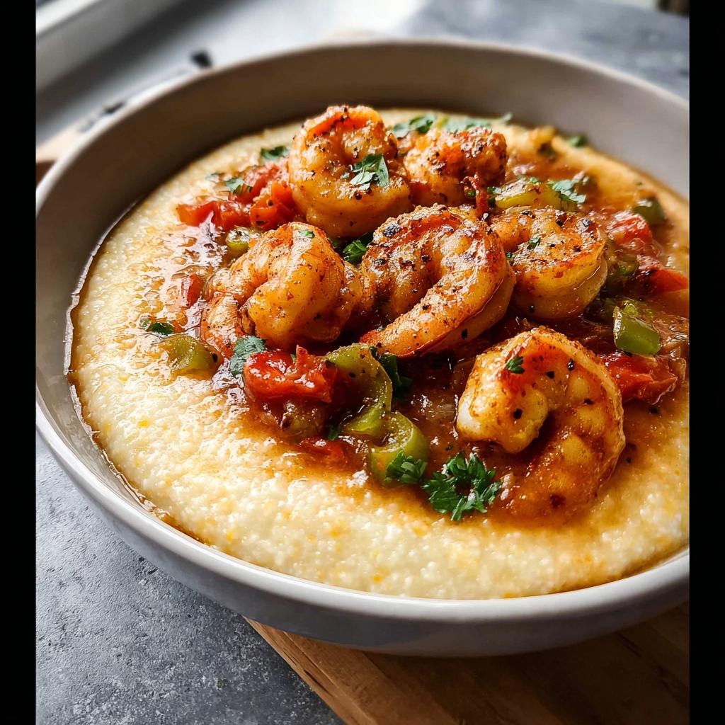 Close-up of creamy grits topped with seasoned shrimp, diced tomatoes, and green peppers, a perfect 25-ingredient shrimp recipe.