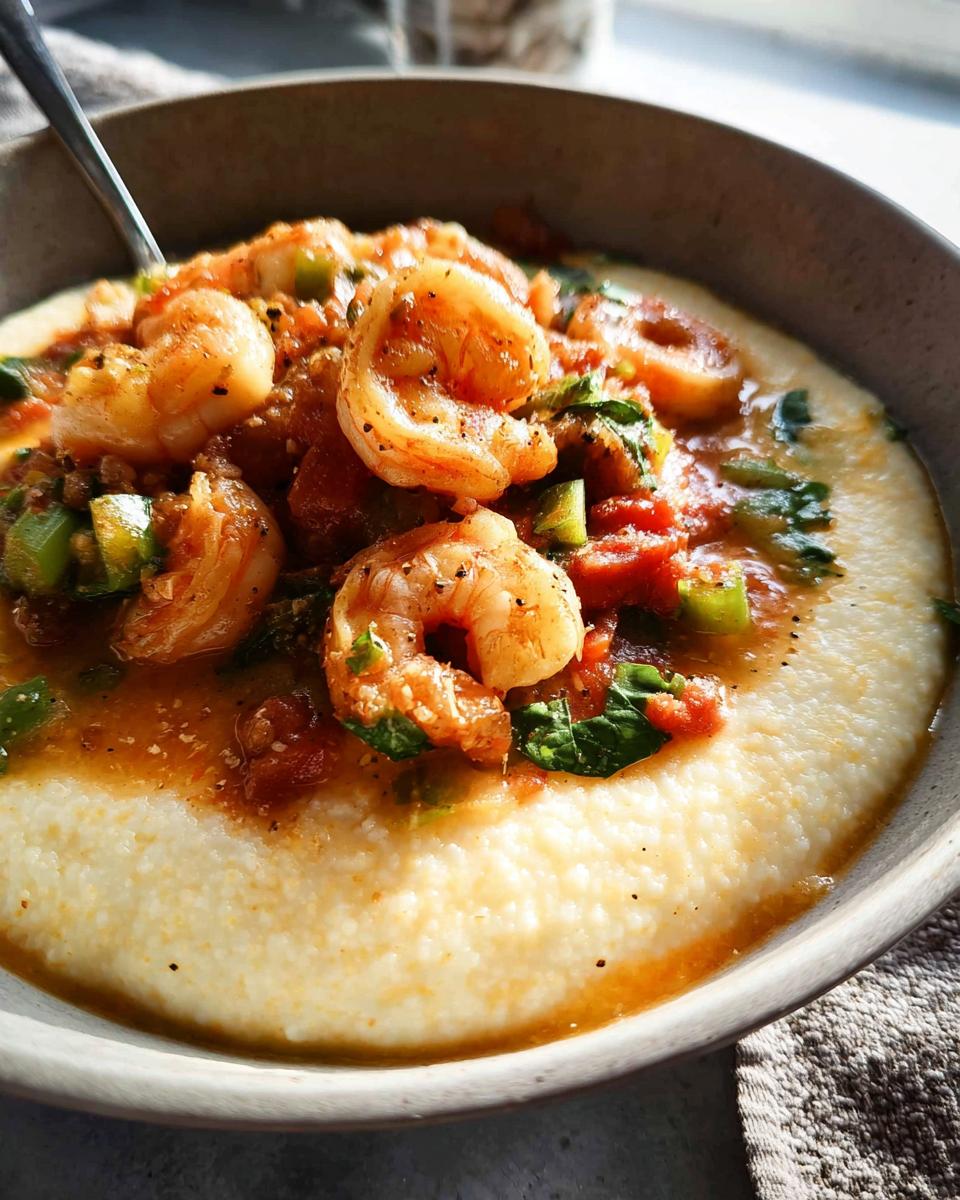Close-up of creamy grits topped with seasoned shrimp, tomatoes, and green peppers, part of 25-Ingredient Shrimp Recipes.