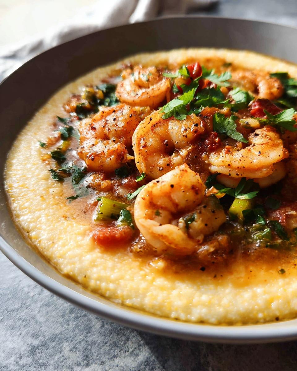Close-up of creamy grits topped with seasoned shrimp and a savory sauce, garnished with fresh parsley.