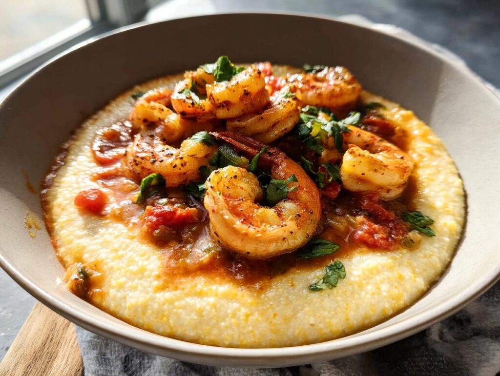 Close-up of delicious shrimp and grits, featuring plump shrimp in a savory sauce over creamy grits, garnished with fresh herbs.