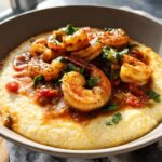 Close-up of delicious shrimp and grits, featuring plump shrimp in a savory sauce over creamy grits, garnished with fresh herbs.