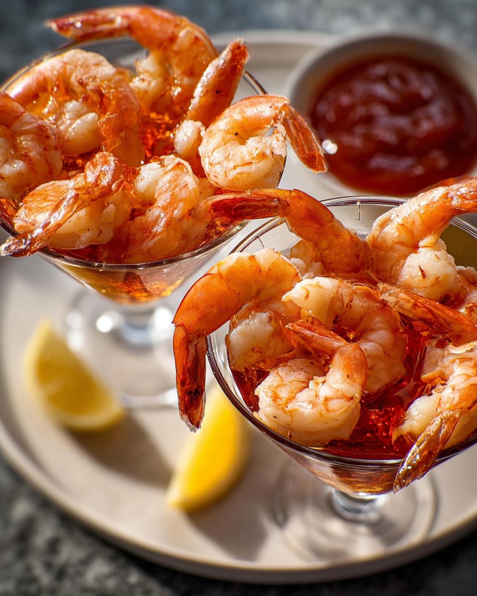 Two glasses filled with cooked shrimp cocktail, served with lemon wedges and cocktail sauce.