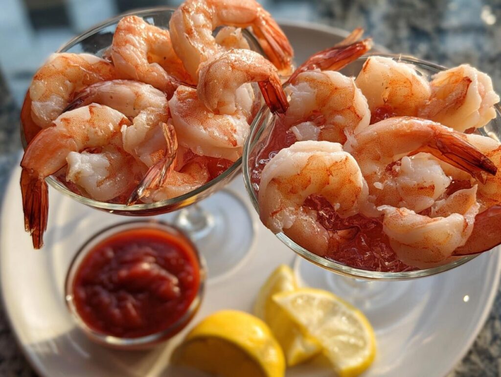 Two glasses filled with chilled shrimp cocktail, served with cocktail sauce and lemon wedges.