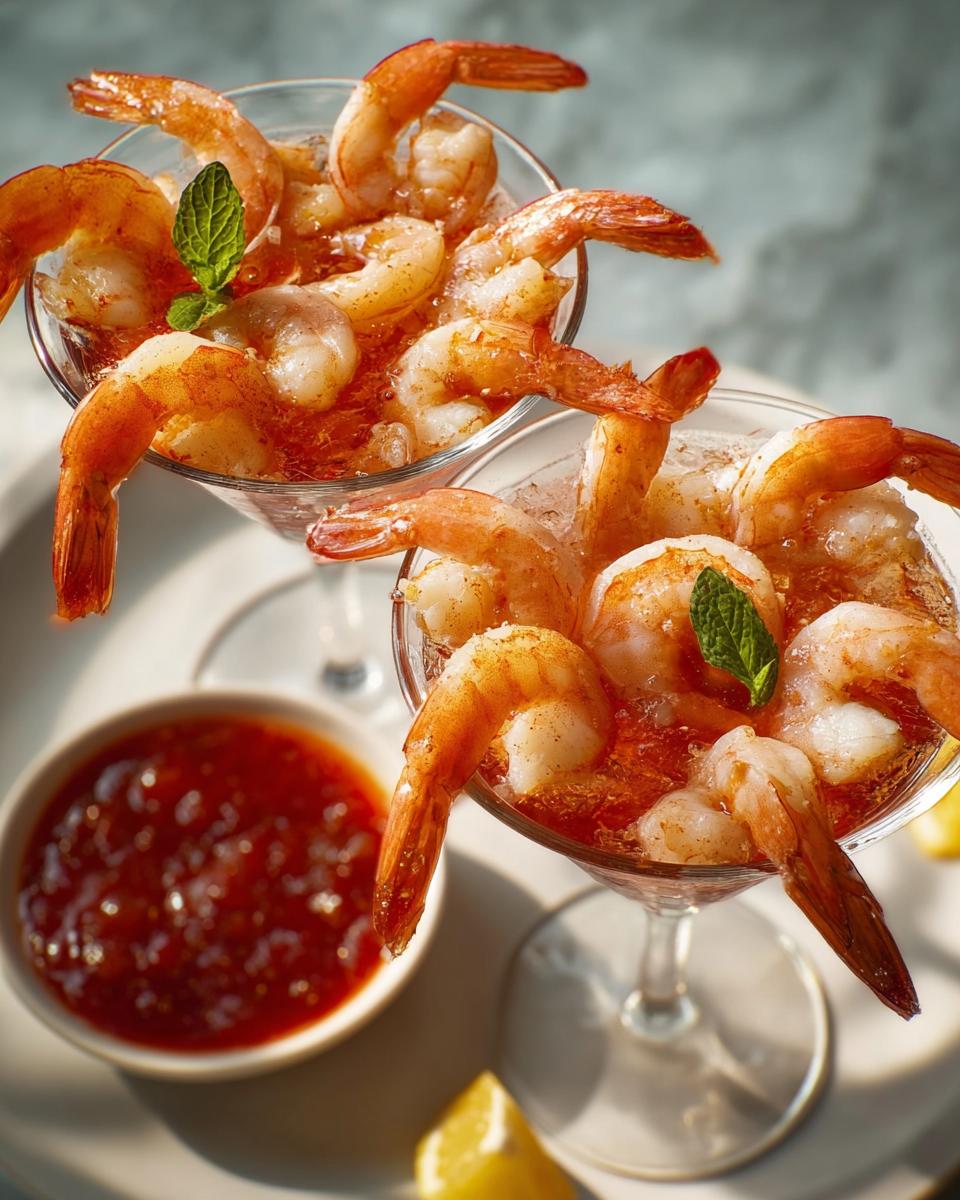 Two glasses filled with shrimp cocktail, garnished with mint, served with cocktail sauce.