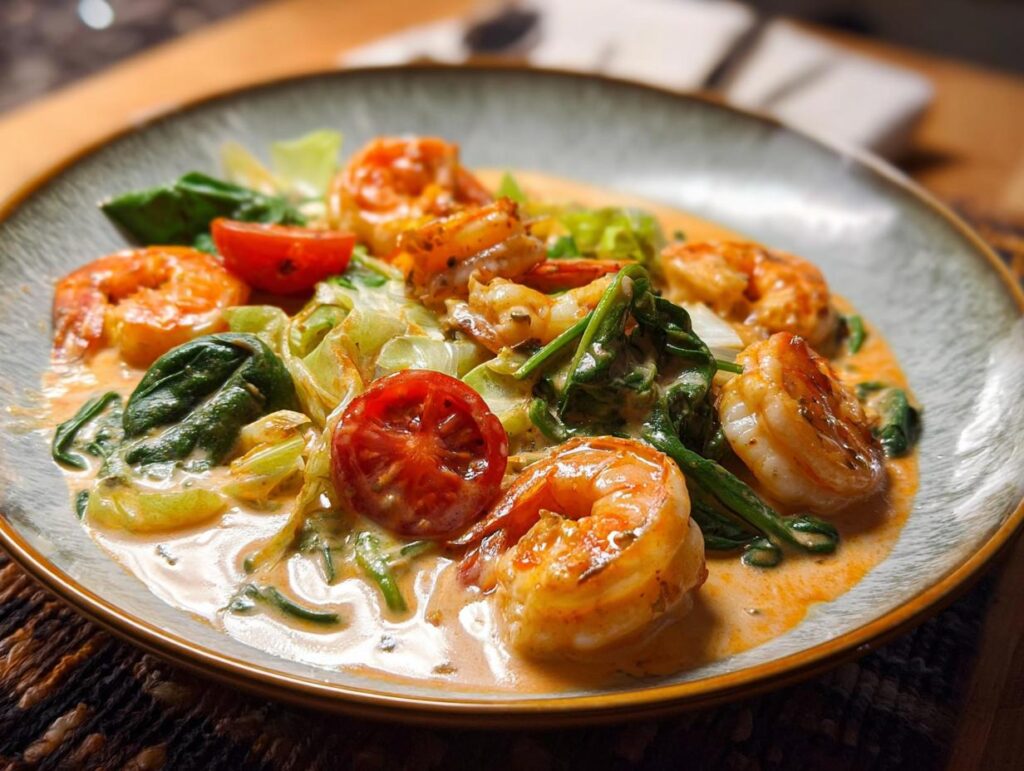 Close-up of a creamy shrimp recipe dish with cherry tomatoes and spinach.